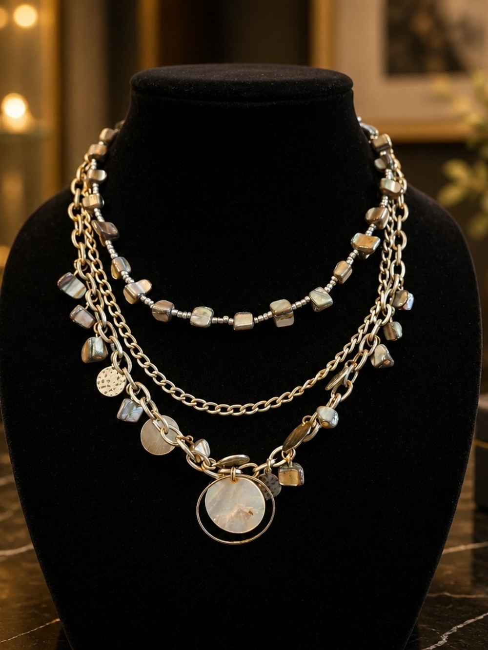 Layered Silver-Tone Multi-Strand Necklace with Iridescent Beads